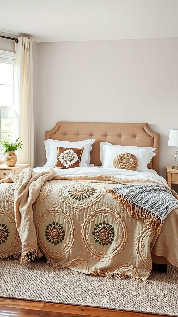 A cozy bedroom featuring a quilted throw blanket on a neatly made bed.