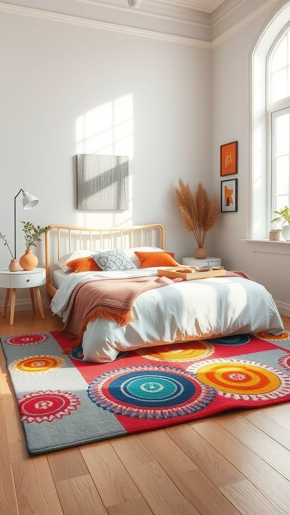 A colorful, patterned rug in a bright bedroom setting with a cozy bed and natural light.