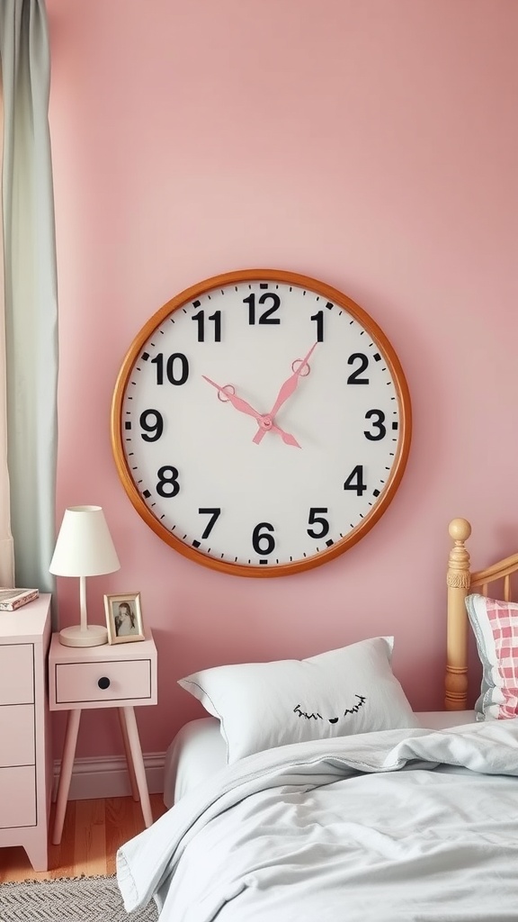 A quirky wall clock with a light wooden frame and pink elements on a pink wall in a girly room.