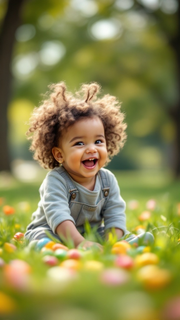 A happy toddler sitting in a park surrounded by colorful eggs.