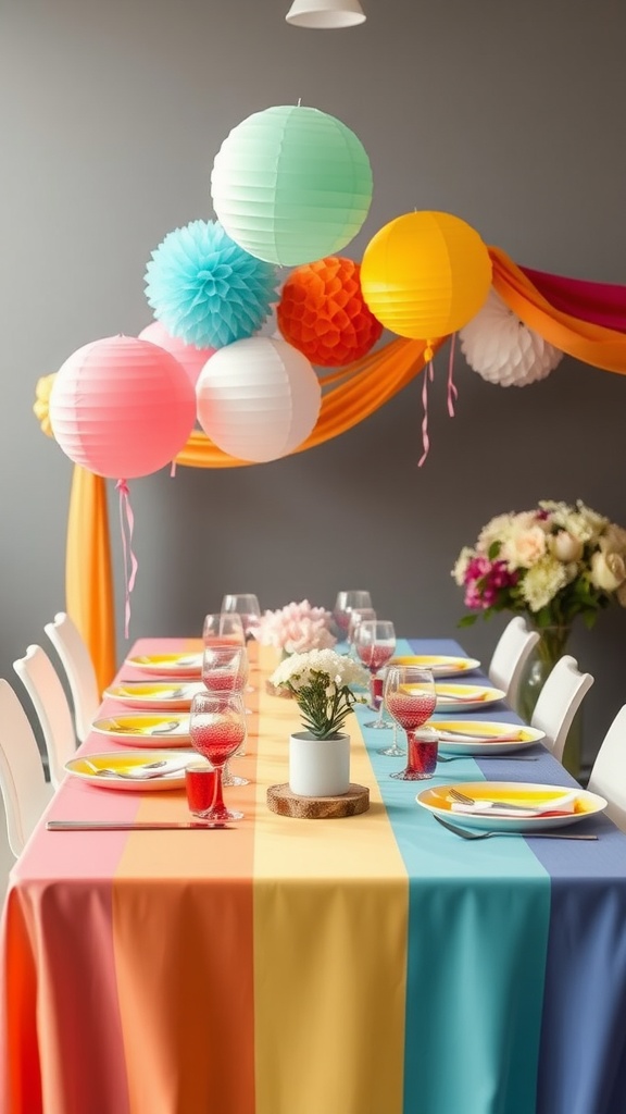 A beautifully decorated table for a gender-neutral baby shower featuring a rainbow color palette with balloons and table settings.