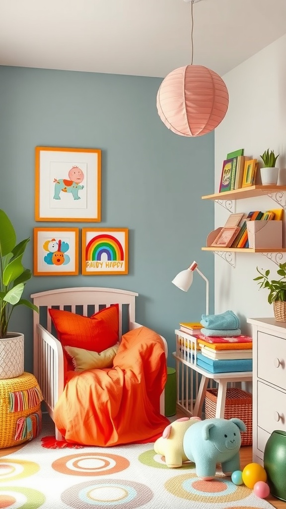 A colorful baby boy's room featuring a rainbow color scheme with playful decorations.