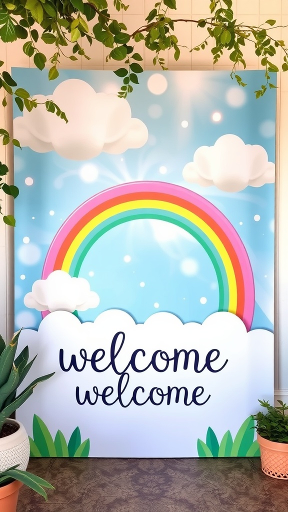A colorful baby shower welcome sign with a rainbow, clouds, and welcoming text.