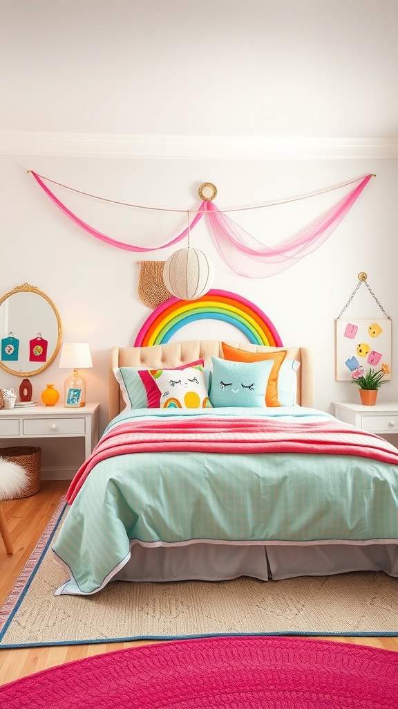 A colorful preschooler bedroom featuring rainbow decor, pastel bedding, and playful accessories.