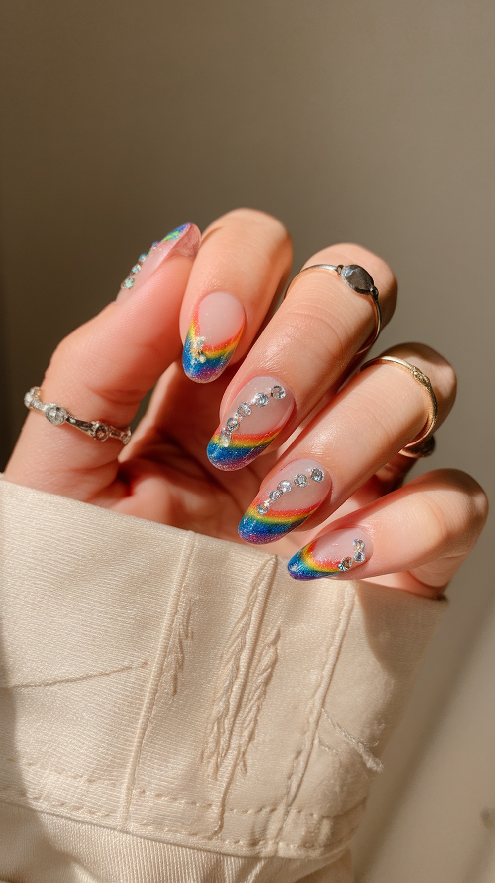 Nails with rainbow glitter and rhinestone highlights
