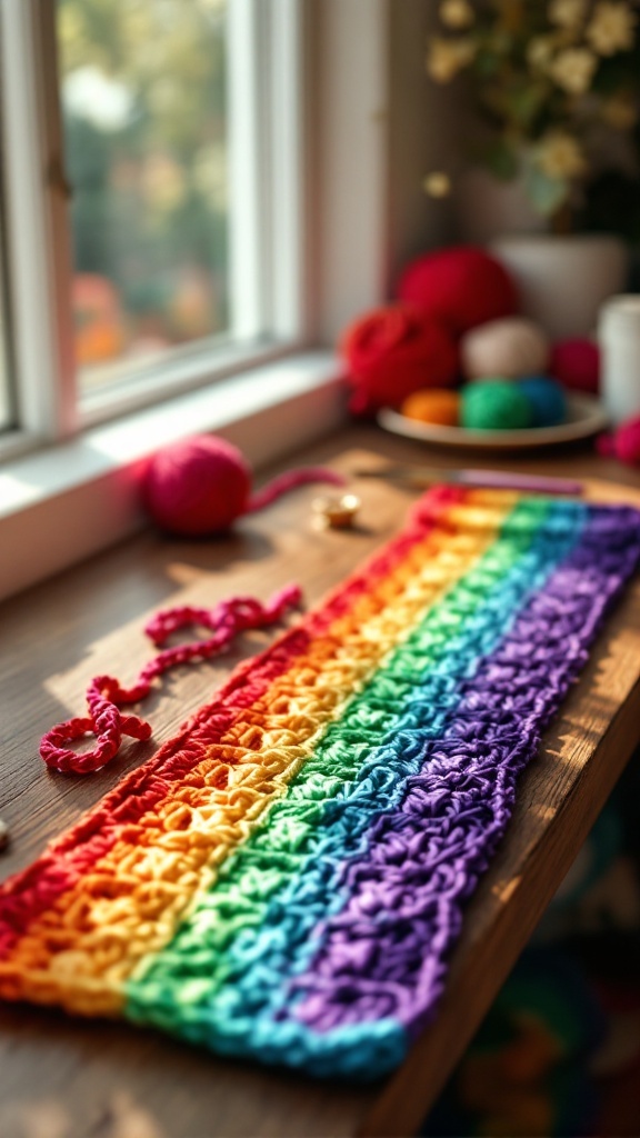 A colorful crocheted bookmark featuring a rainbow gradient, placed on a wooden table with yarn and crafting supplies.