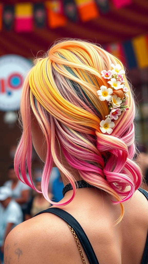 A woman with rainbow ombre hair styled with floral clips at a festival.