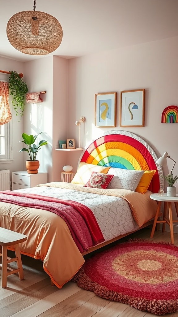 A kids' bedroom featuring a rainbow headboard, colorful bedding, and cheerful decor.