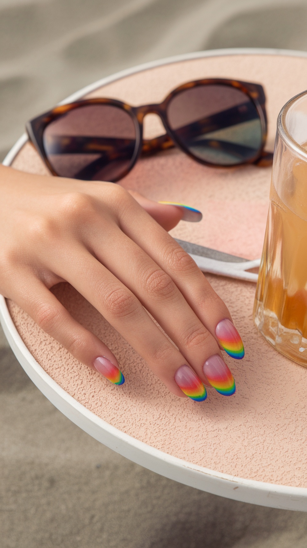 A hand with rainbow ombre nails resting on a pink table, with sunglasses and a drink nearby.