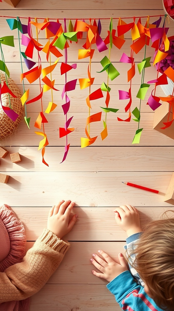 Colorful rainbow paper chains hanging with kids' hands on a table.