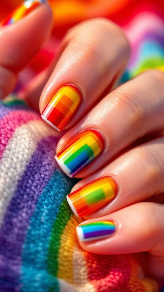 Colorful square nails with rainbow stripes and silver rings on a hand, with additional nail tips in the background.