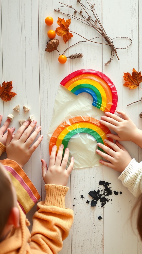Children's hands creating rainbow suncatchers with colorful materials on a light wooden surface, surrounded by leaves and small fruits.