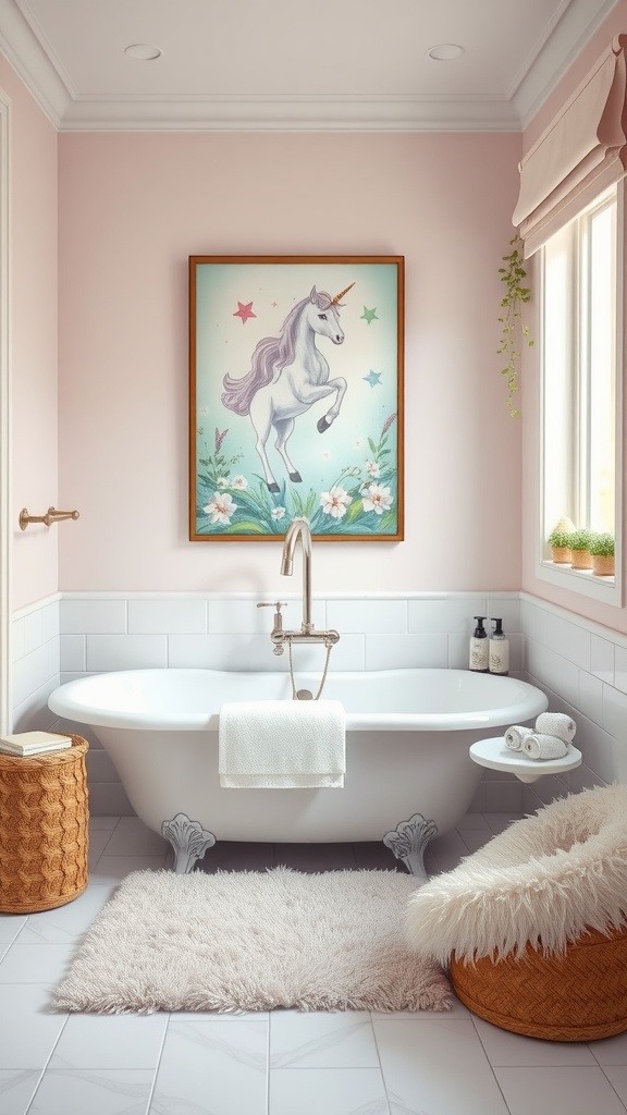 A whimsical kids bathroom featuring a unicorn artwork, soft pink walls, clawfoot bathtub, and cozy decor.