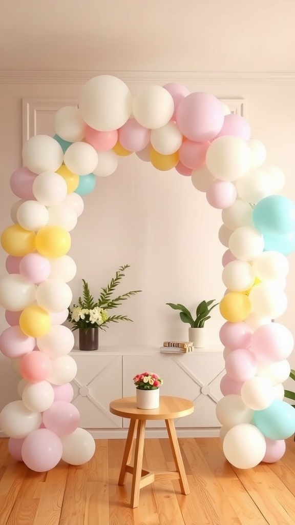 A beautiful balloon arch in pastel colors with a small table in front.