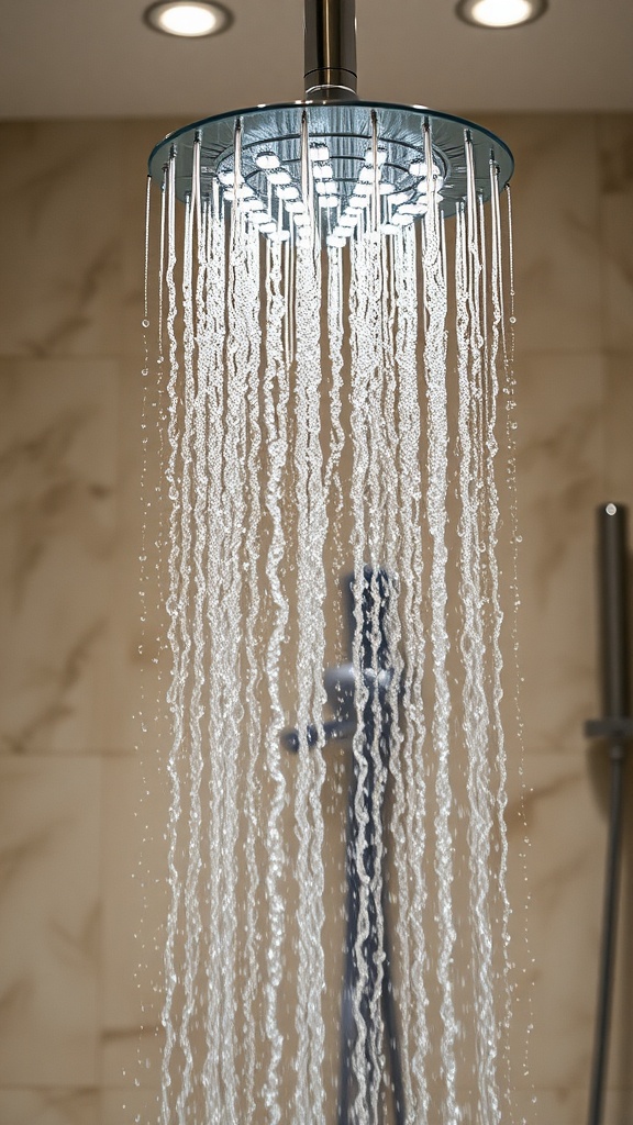 Close-up of a rainfall showerhead with water cascading down