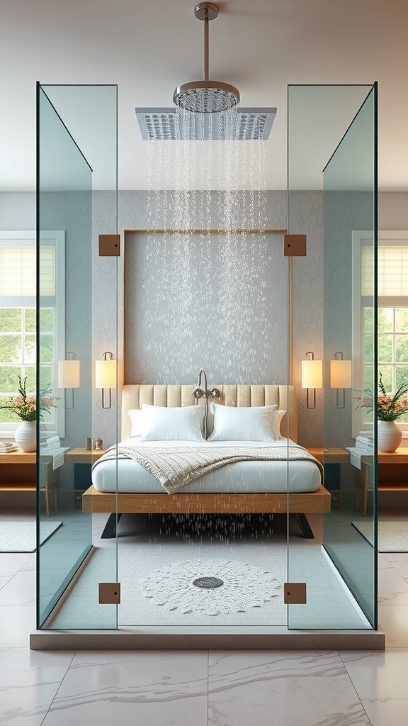 A modern bathroom featuring a rainfall shower with a glass enclosure and a stylish bed in the background.