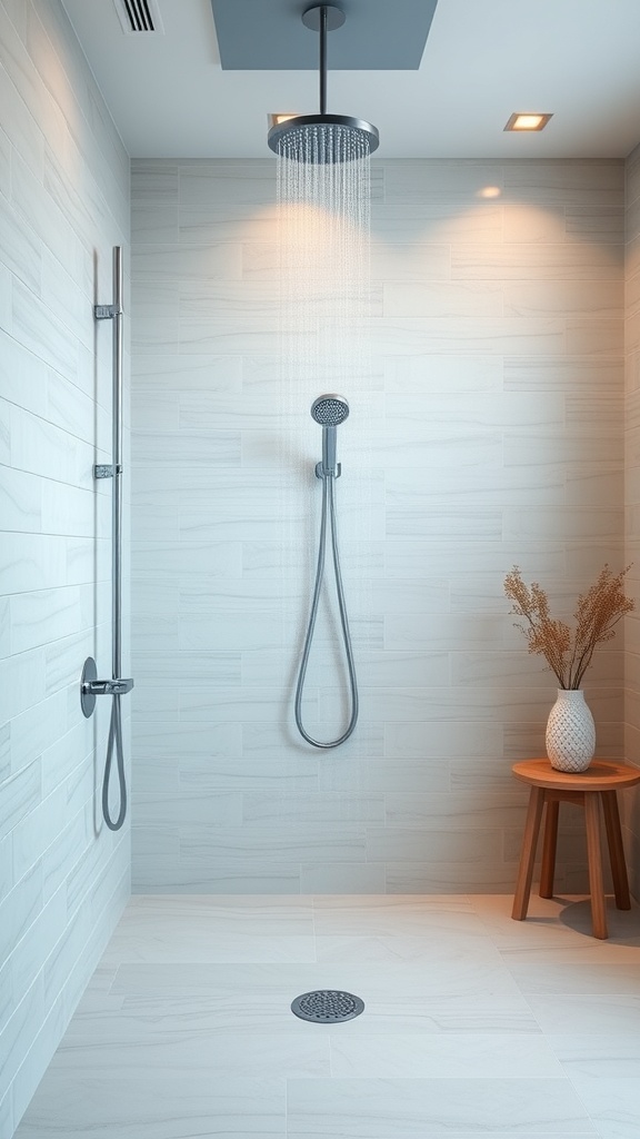 A modern bathroom featuring a rainfall showerhead, light-colored tiles, and a handheld shower option.