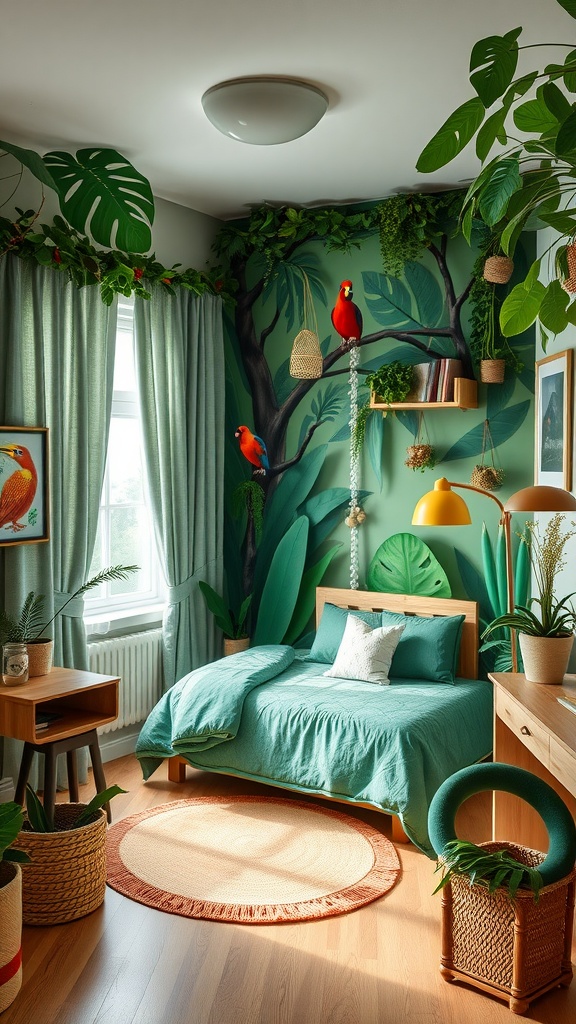 A toddler boy's bedroom designed with a rainforest theme, featuring jungle murals, a cozy bed, and green decor elements.