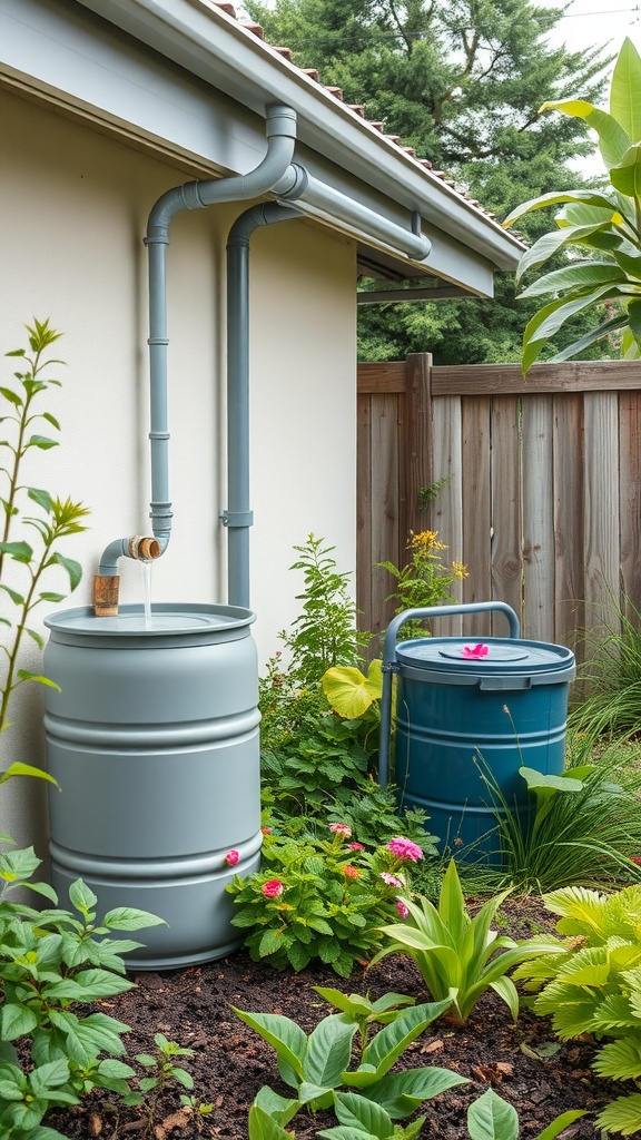 Two rain barrels collecting rainwater for irrigation in a garden.