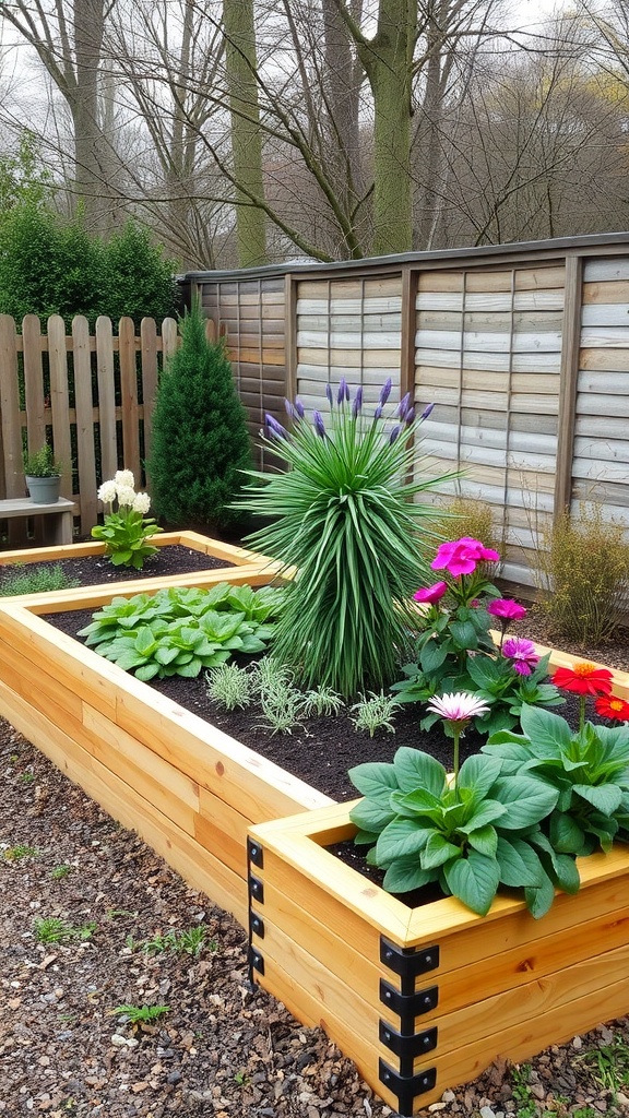 Raised garden bed with colorful flowers and built-in seating around it.