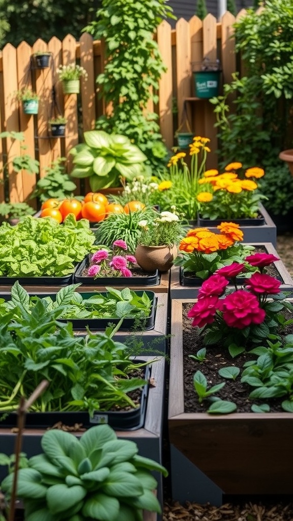 A small backyard with raised garden beds filled with various vegetables and flowers, surrounded by a wooden fence.