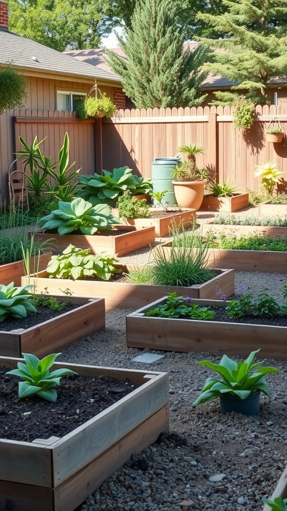 A backyard with raised garden beds filled with various vegetables and plants.