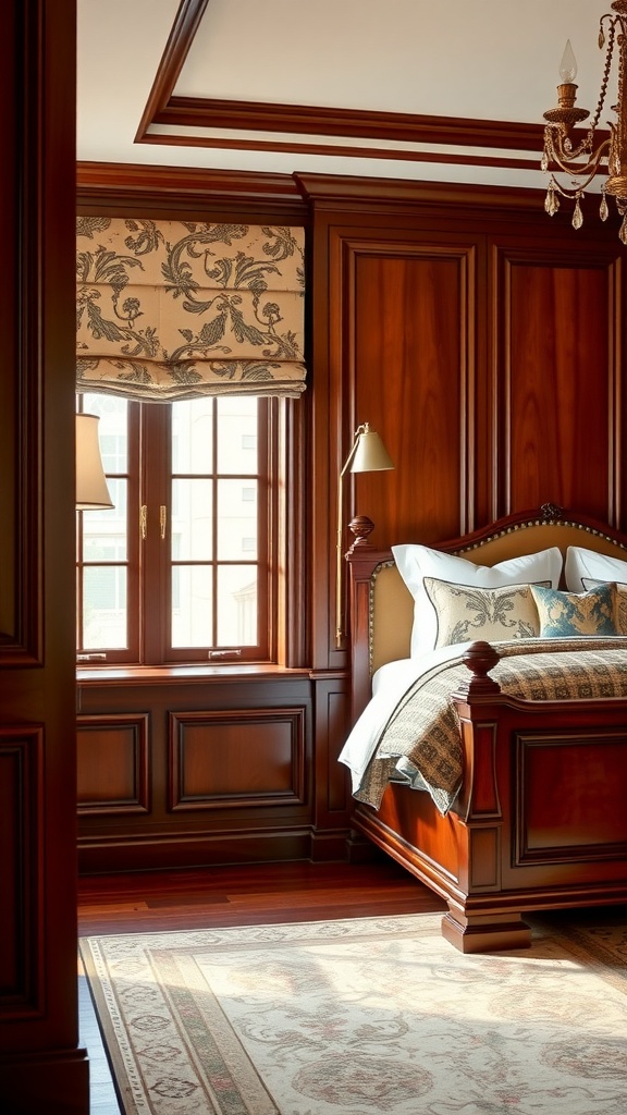 A cozy bedroom featuring raised panel wainscoting, wooden furniture, and elegant window treatments.