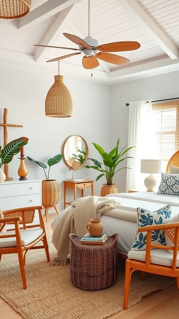 A cozy bedroom decorated with rattan accents, featuring light fixtures, furniture, and plants.