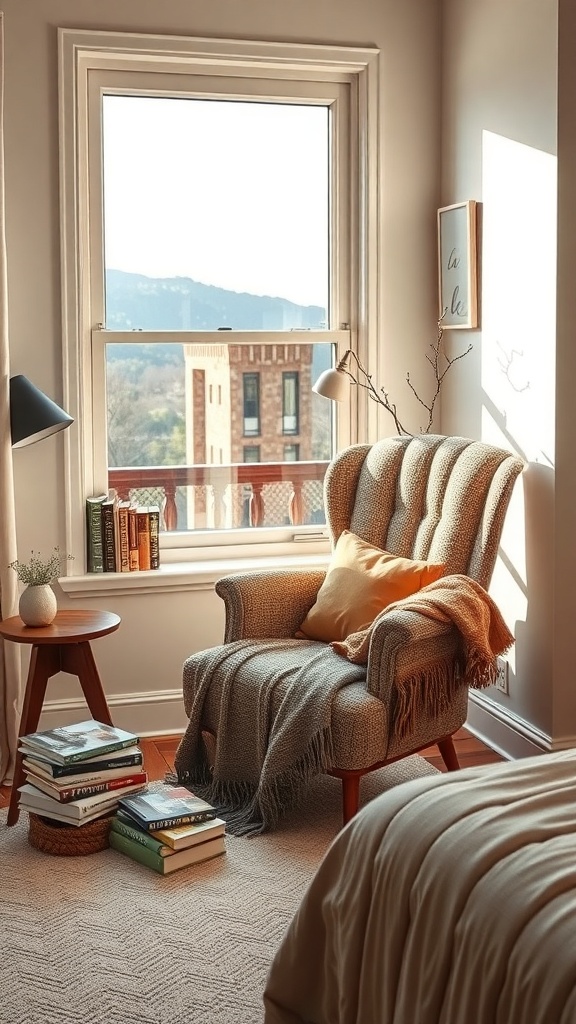 Cozy reading chair by a window with a view, surrounded by books and a warm blanket.