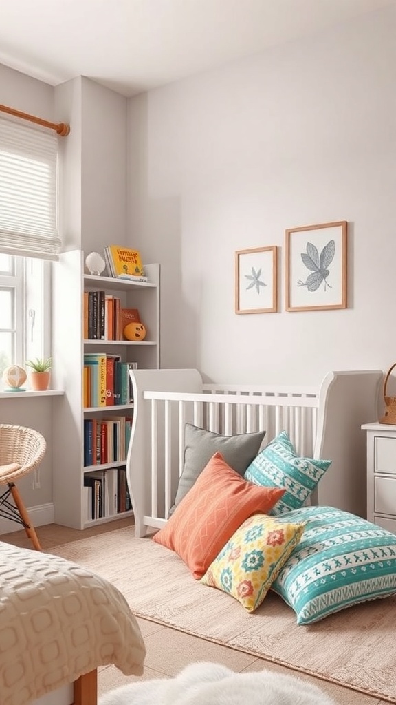 A nursery reading corner featuring colorful cushions, a bookshelf with books, and a crib.