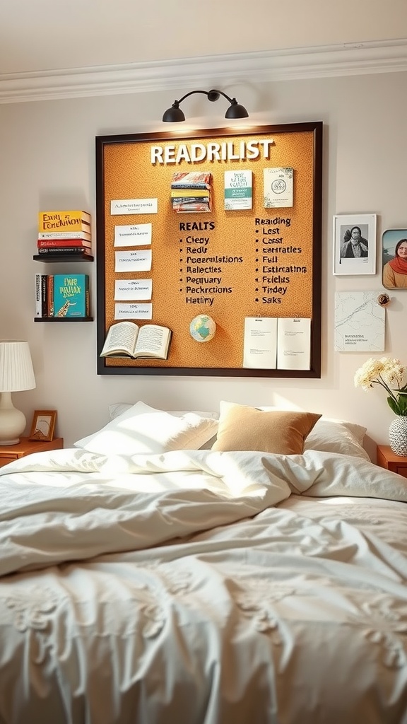 Cozy bedroom with a reading list board featuring neatly arranged books and a warm atmosphere.