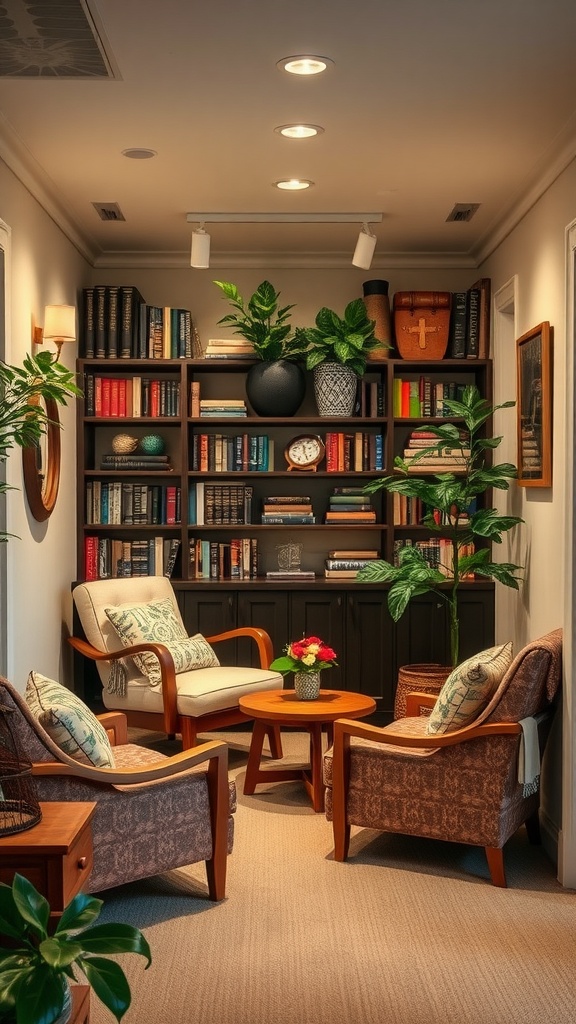 Cozy reading nook with comfortable chairs, a small table, bookshelves, and plants