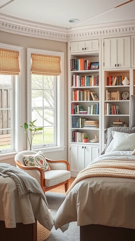 Cozy reading nook with a comfortable chair and bookshelves in a bedroom