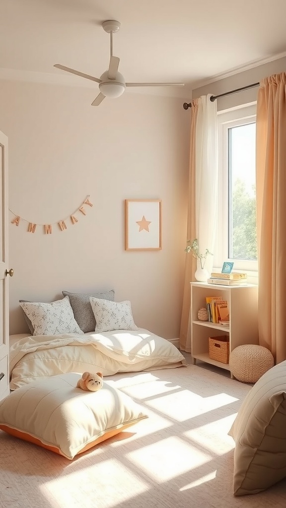A cozy reading nook in a toddler bedroom with soft cushions and a small bookshelf.