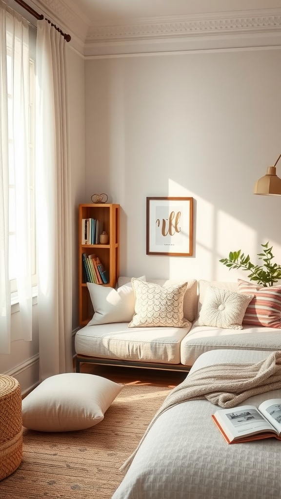 Cozy reading nook with plush cushions, large window, and bookshelf.