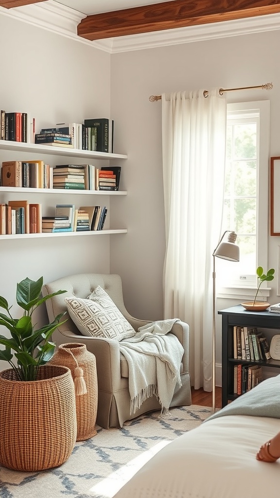 Cozy reading nook with a comfortable chair, bookshelves, and plants
