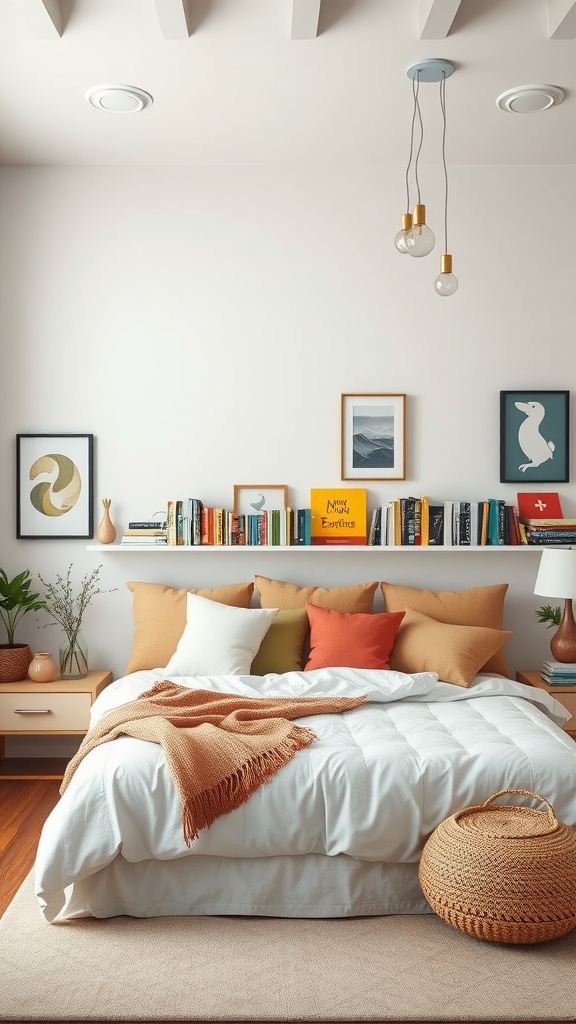 Cozy bedroom with a reading wall featuring books and decorative items above a neatly made bed.