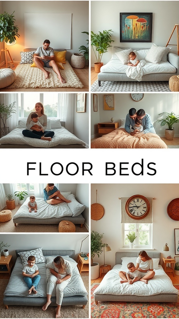 Collage of families using floor beds with toddlers