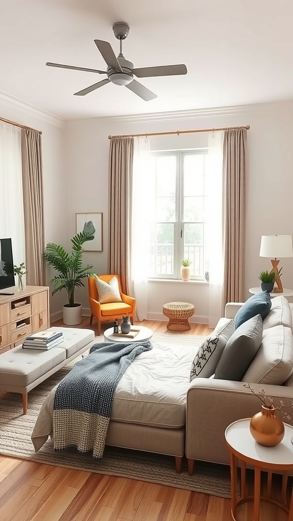 A cozy living room with a light color palette, featuring a sofa, an orange chair, and decorative plants.