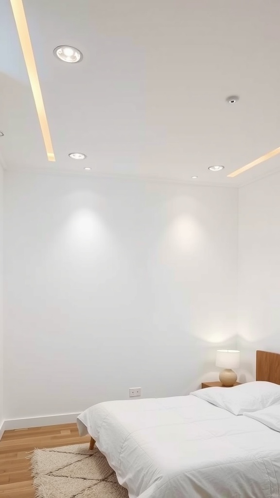 A minimalist bedroom featuring recessed lighting in the ceiling, a white bedspread, and wooden furniture.