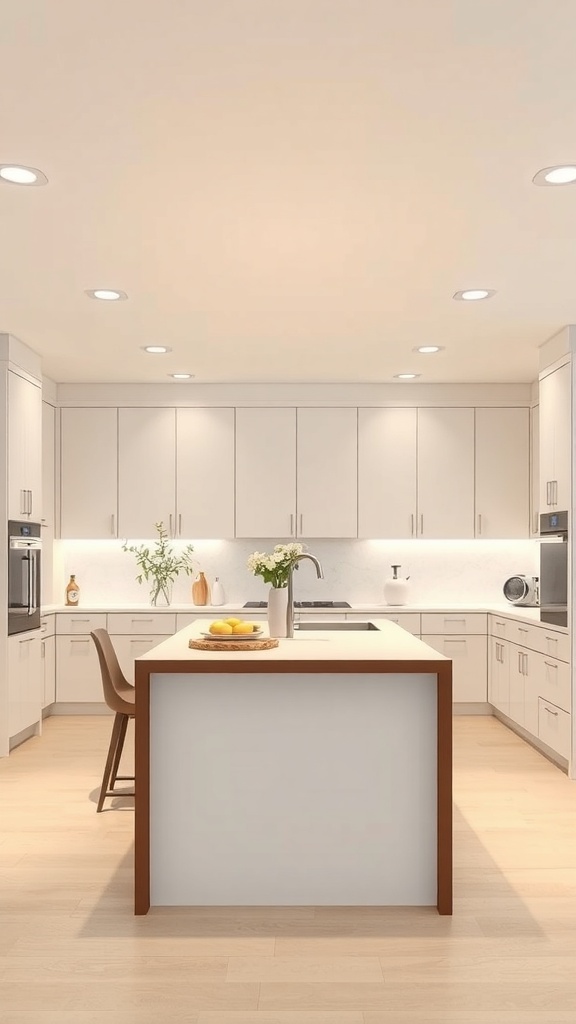 A modern kitchen with recessed lighting over an island, featuring light-colored cabinets and a wooden island.