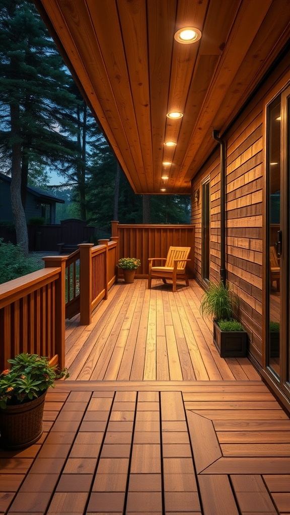 A cozy wooden deck with recessed lighting and potted plants