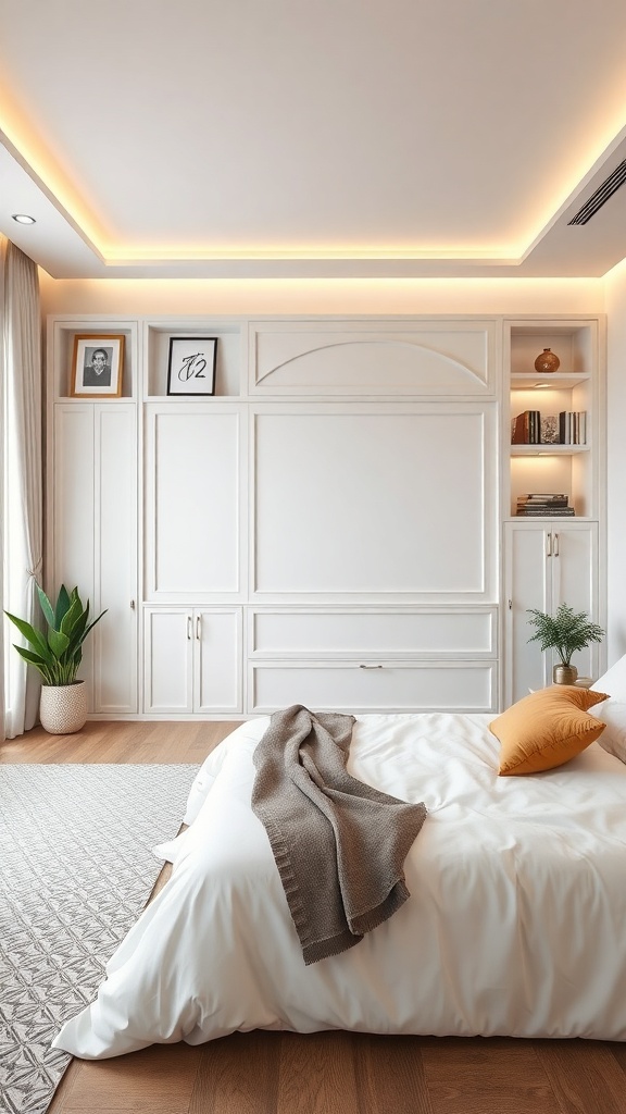 A modern living room with recessed wall storage featuring shelves and cabinets.