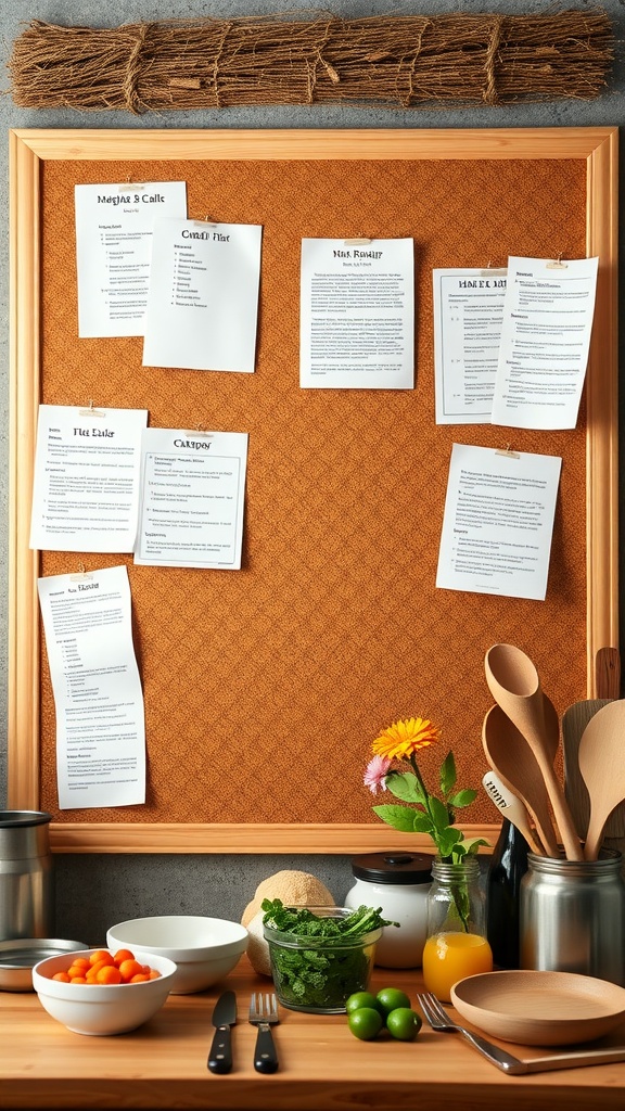 A cork board with various recipe papers displayed, surrounded by fresh ingredients and cooking tools.