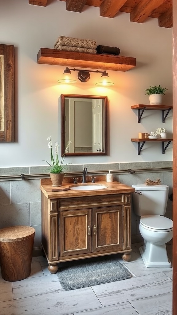 A rustic bathroom featuring reclaimed wood accents, including a wooden vanity, shelves, and a small stool.