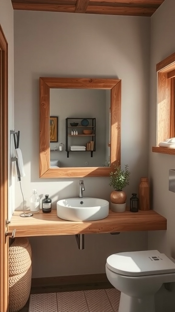 A rustic bathroom featuring reclaimed wood accents, including a wooden sink countertop and mirror frame.