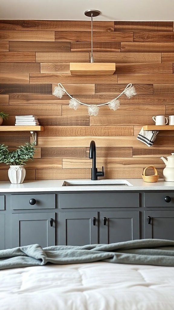 A kitchen with a reclaimed wood backsplash, dark cabinets, and a white countertop.