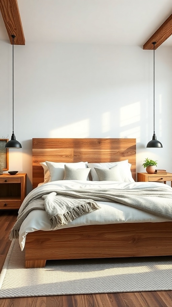 Cozy farmhouse bedroom with reclaimed wood elements, featuring a wooden bed frame, ceiling beams, and soft textiles.
