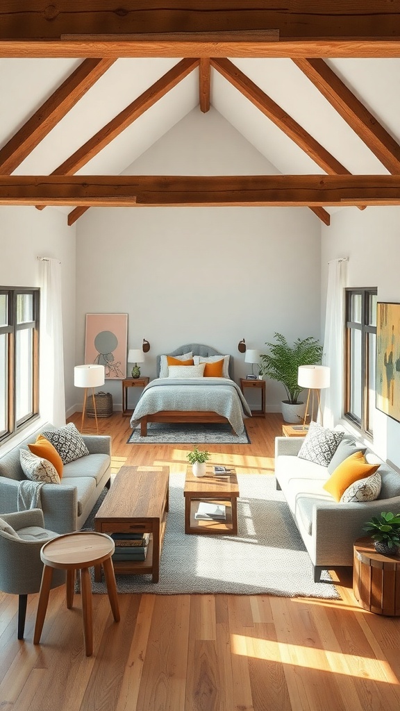 A cozy living room featuring reclaimed wood elements, including wooden beams and furniture, with gray sofas and bright accents.