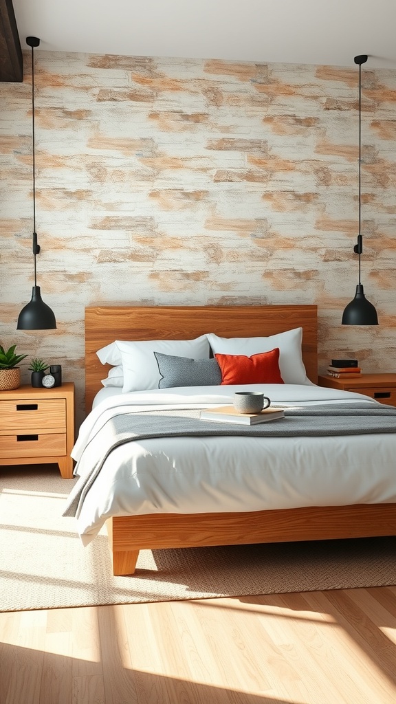 A cozy industrial bedroom featuring reclaimed wood elements, including a wooden bed frame and nightstands, with a textured wall and modern pendant lighting.